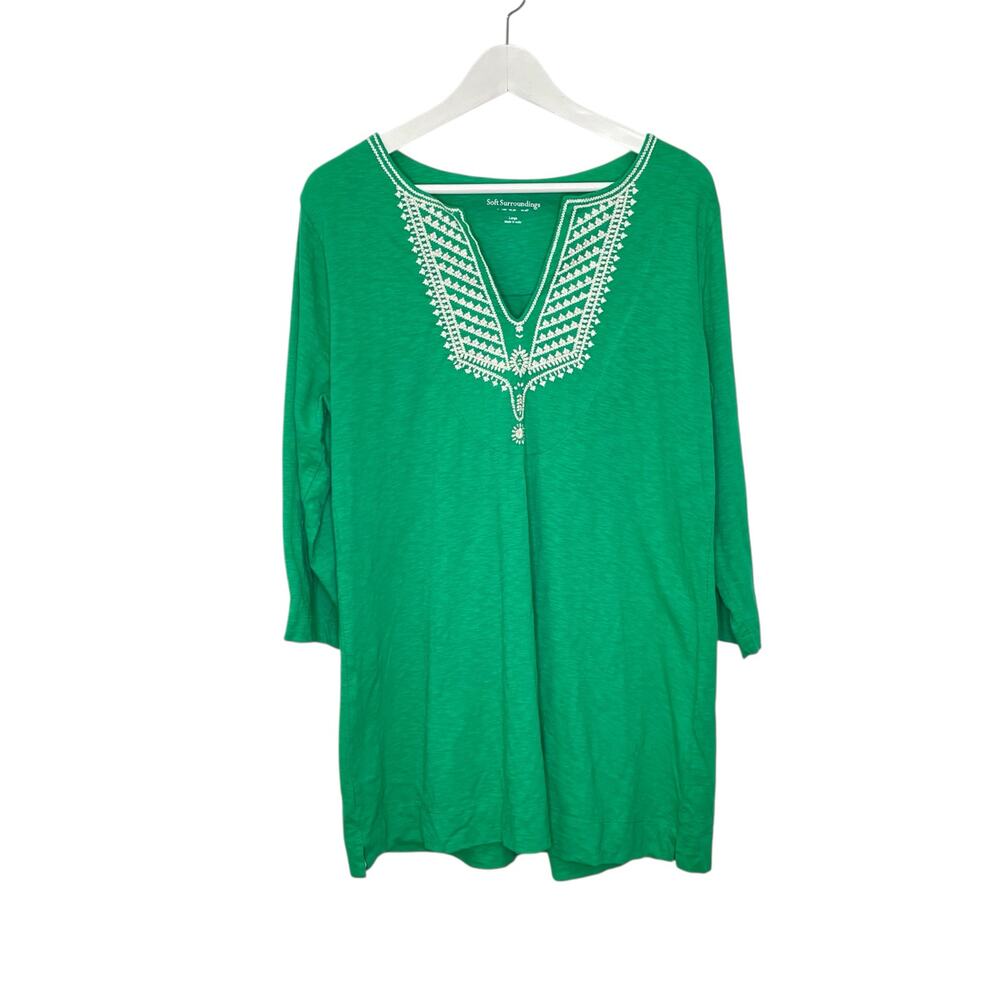 Soft Surroundings Size L Green 3/4 Sleeve Cotton Embroidered Boho Tunic Shirt